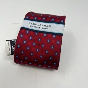 Saddlebred Extra Long Red Blue Geometric Silk Mens Tie XL